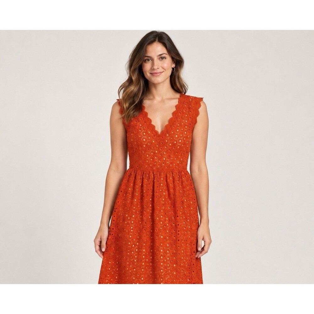 MM Couture Orange Eyelet Lace Scalloped V-Neck Sleeveless Zip Dress M